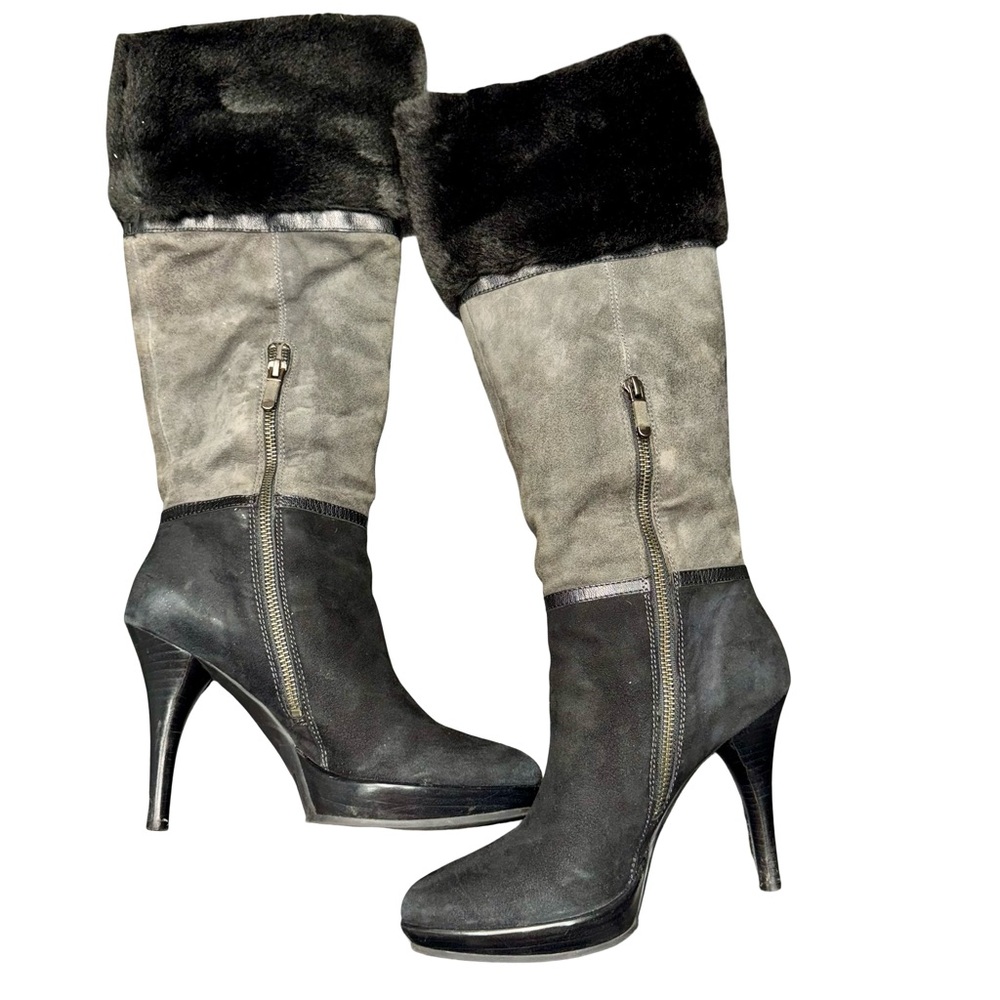 B Makowsky Two Tone Heeled Boots Womens 7 Neutral Leather Chic Elegant - Picture 6 of 8